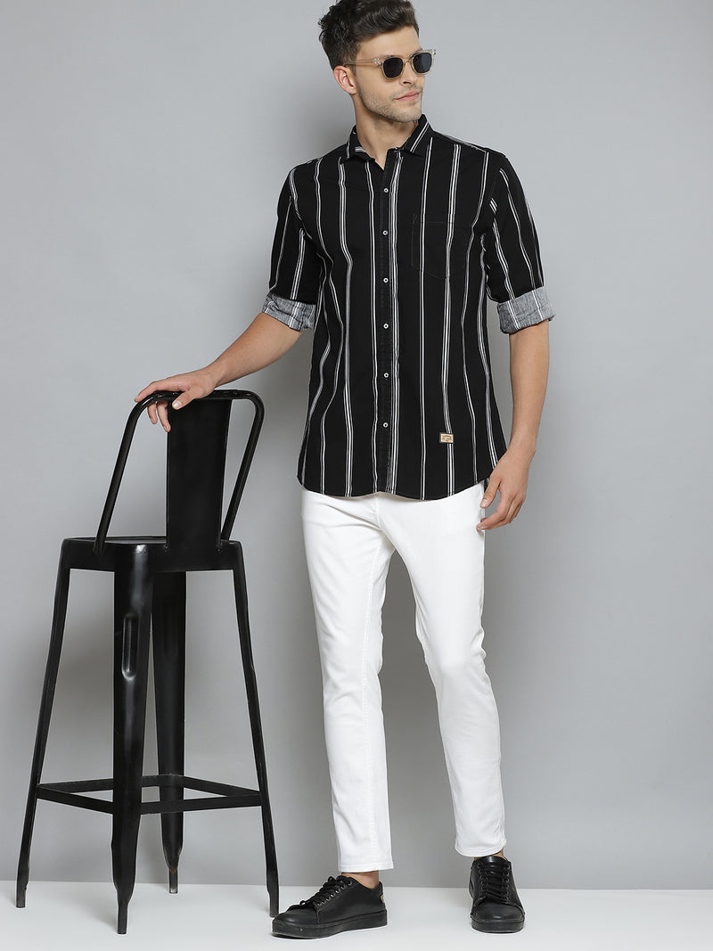 Men Black Smart Slim Fit Opaque Striped Casual Shirt