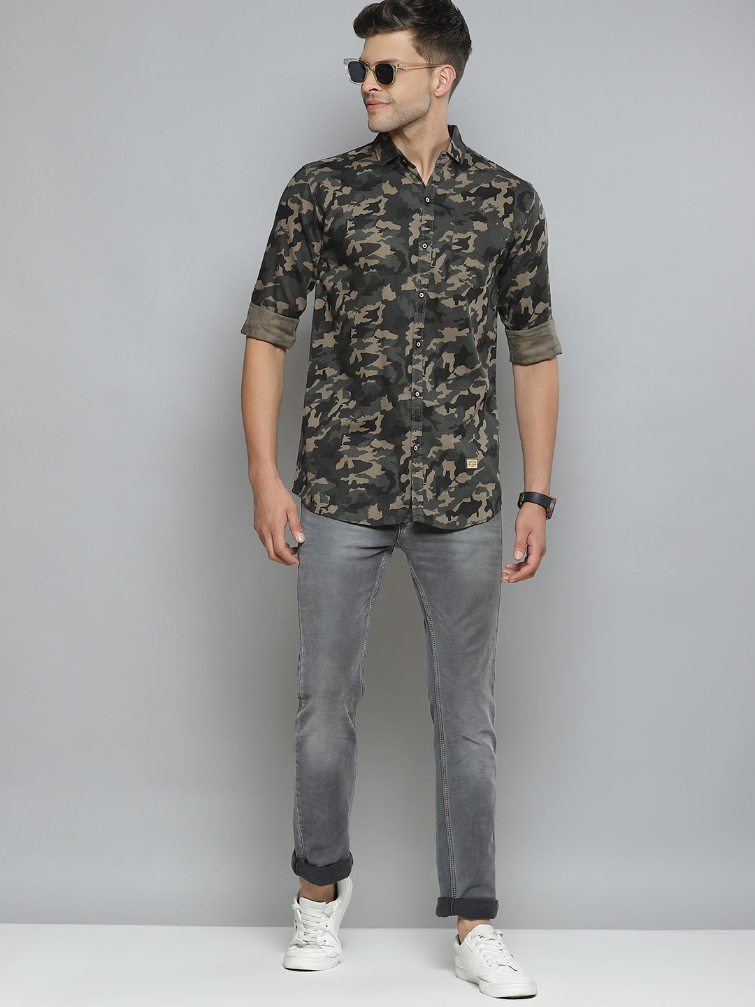 Men Grey Smart Slim Fit Opaque Camouflage Printed Casual Shirt