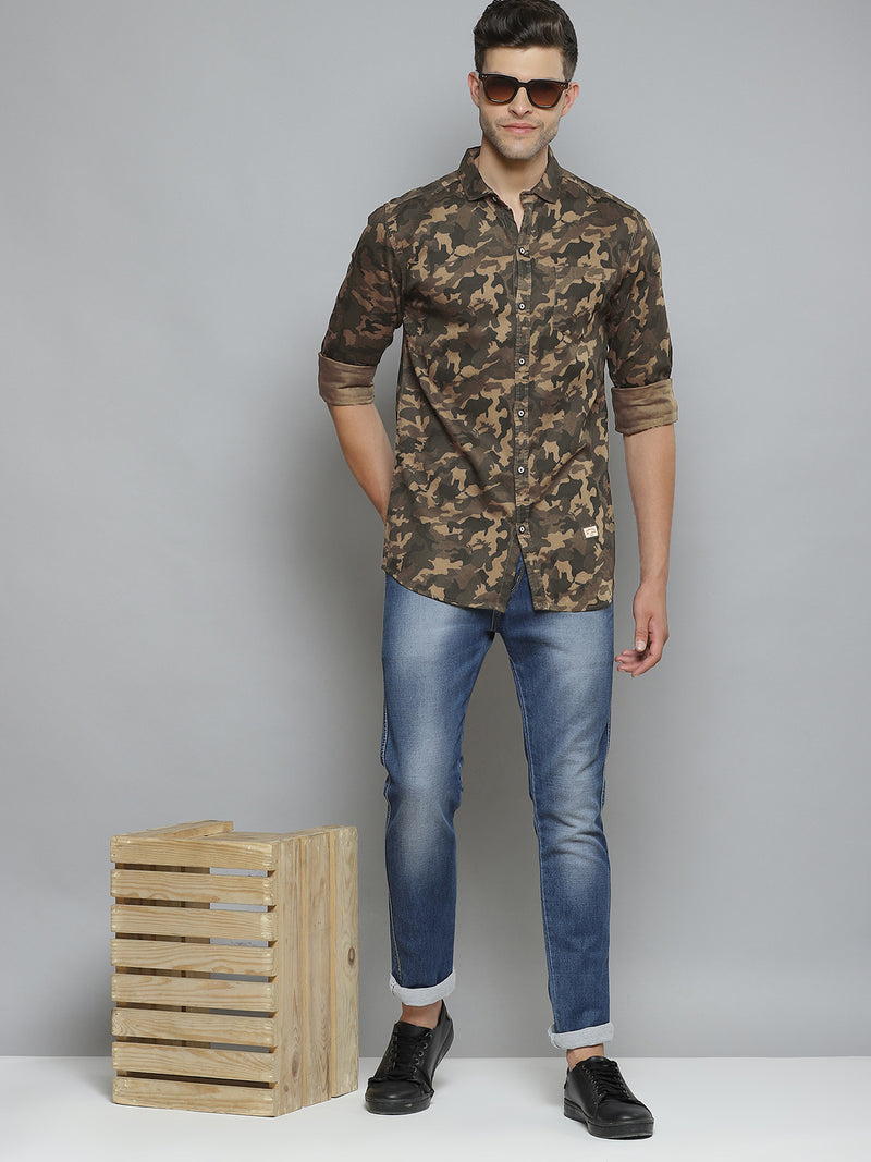 Men Brown  Khaki Camouflage Printed Smart Slim Fit Opaque Casual Shirt