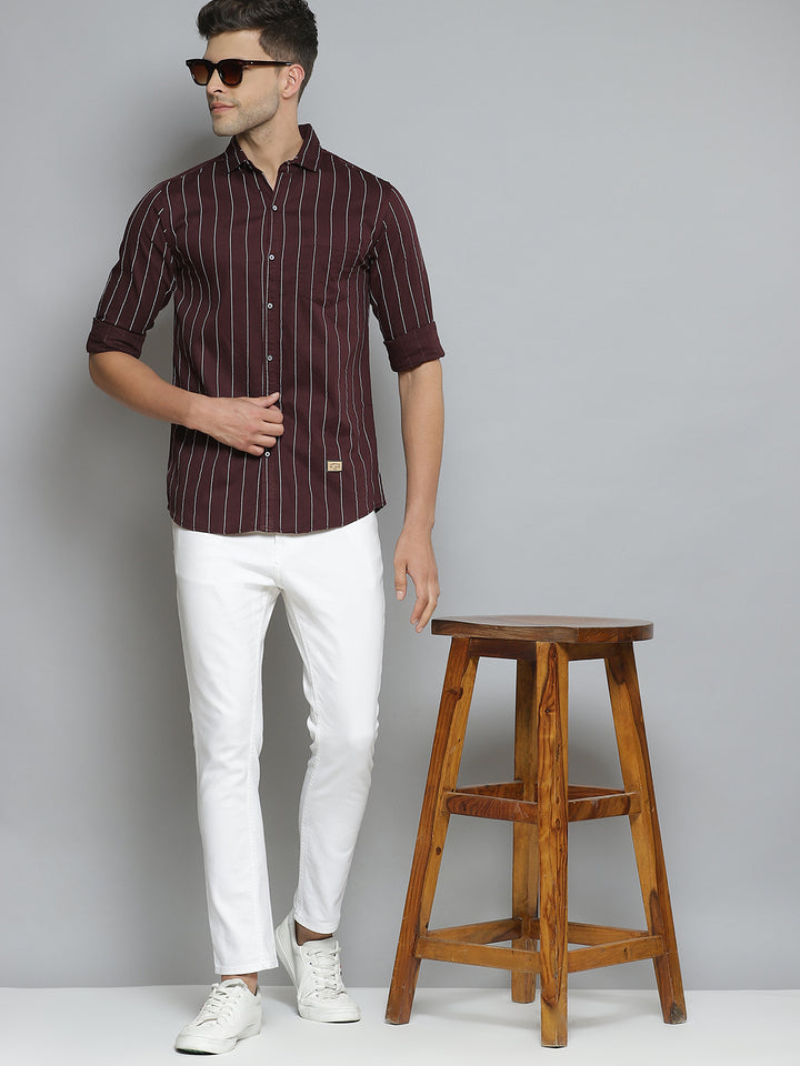 Men Burgundy Smart Slim Fit Pinstripes Opaque Striped Casual Shirt