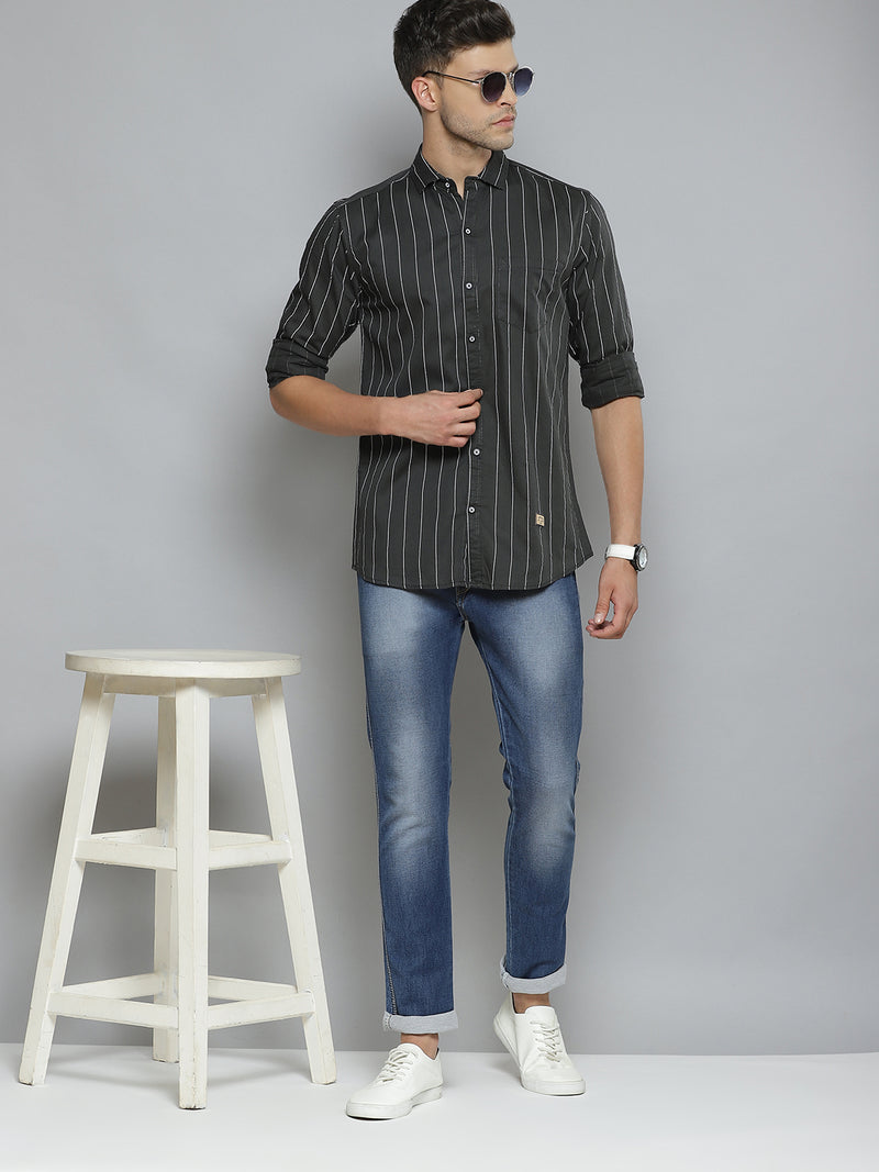 Men Olive Green Smart Slim Fit Pinstripes Opaque Striped Casual Shirt