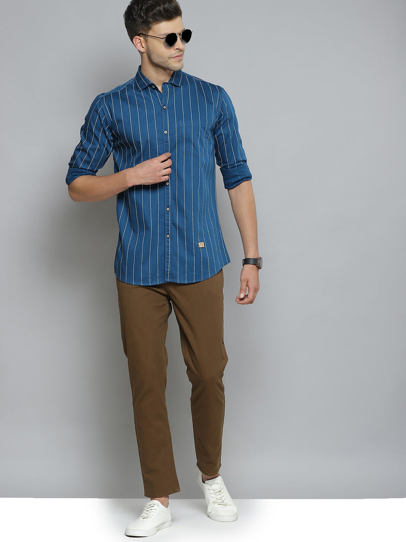 Men Blue Smart Slim Fit Pinstripes Opaque Striped Casual Shirt