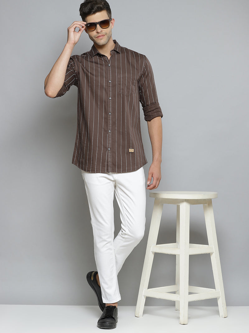 Men Brown  White Striped Smart Slim Fit Opaque Casual Shirt