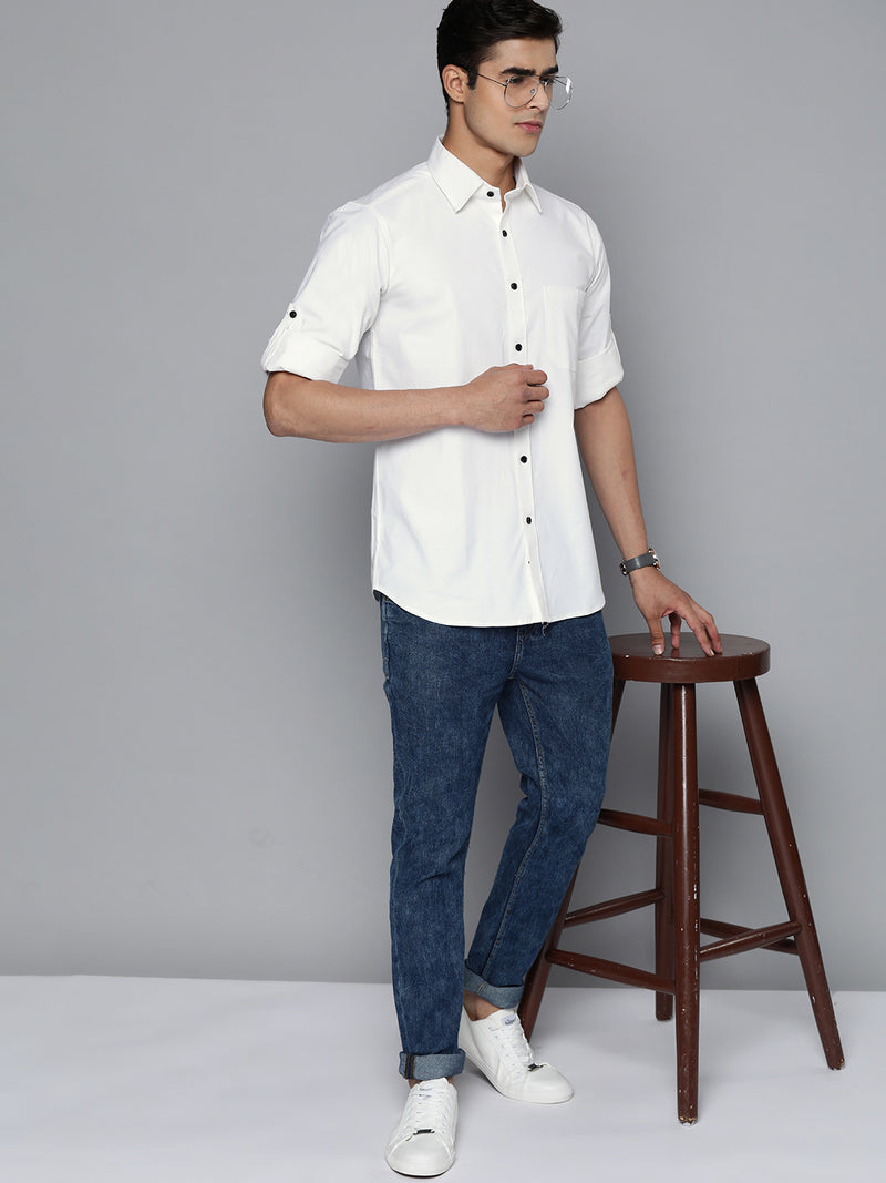 DENNISON Men White Solid Pure Cotton Smart Slim Fit Casual Shirt