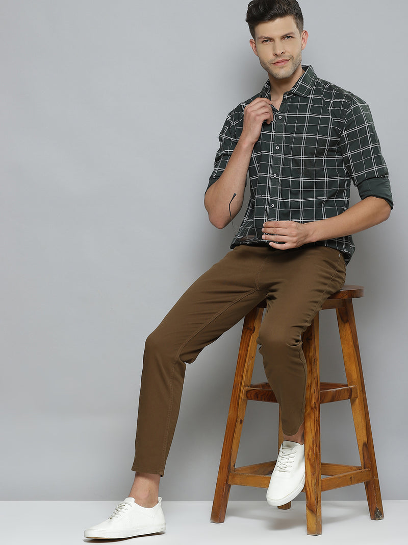 Men Green  White Checked Smart Slim Fit Opaque Casual Shirt