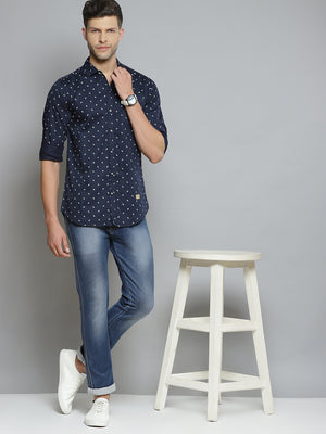Men Navy Blue Smart Slim Fit Opaque Printed Casual Shirt