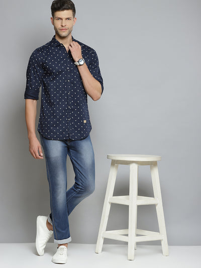 Men Navy Blue Smart Slim Fit Opaque Printed Casual Shirt