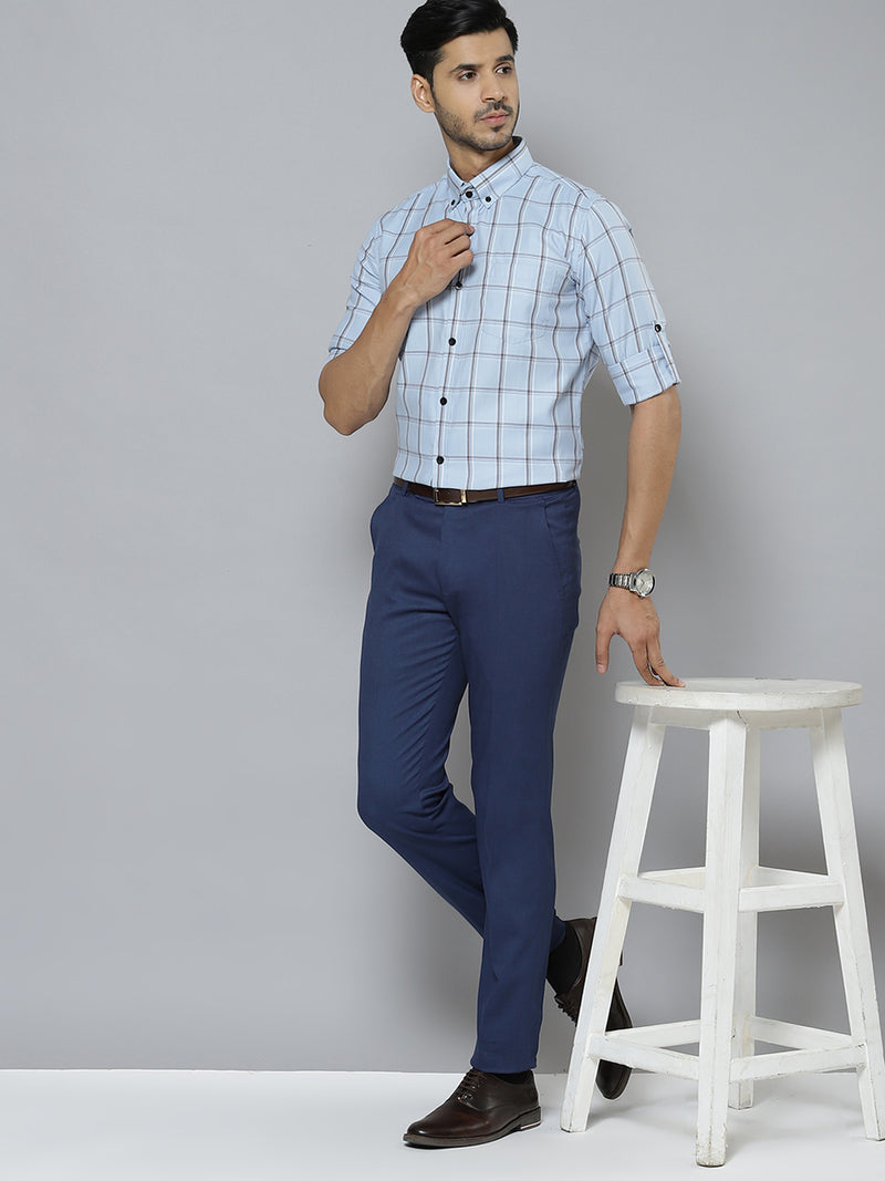 Men Blue  Black Pure Cotton Smart Slim Fit Windowpane Checks Formal Shirt