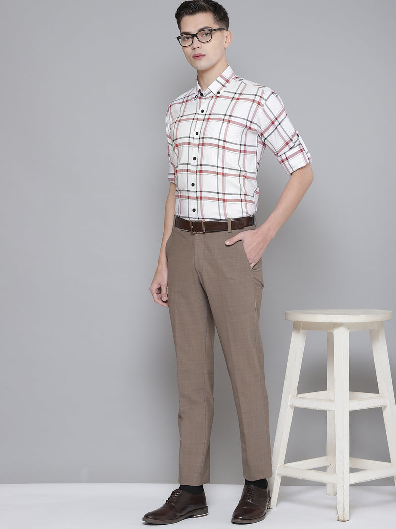 Men White  Red Smart Slim Fit Checked Formal Shirt