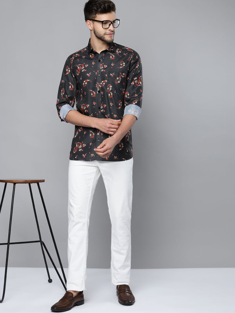Men Charcoal Grey Smart Slim Fit Floral Printed Formal Shirt