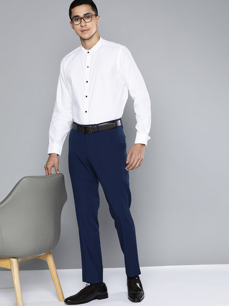 Men White Smart Slim Fit Opaque Striped Cotton Formal Shirt