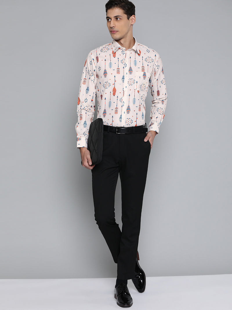 Men Beige Smart Slim Fit Printed Formal Shirt