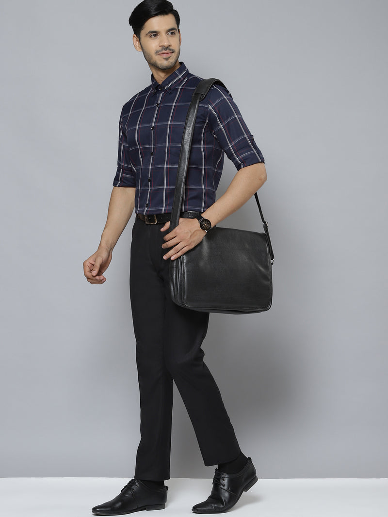 Men Navy Blue  White Smart Slim Fit Checked Formal Shirt