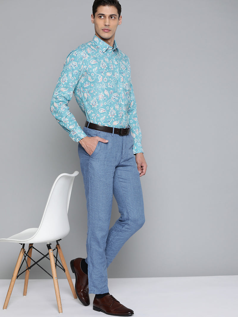 Men Turquoise Blue Smart Slim Fit Floral Printed Formal Shirt