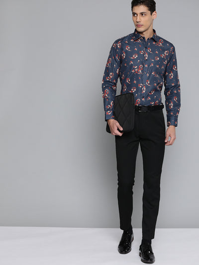 Men Charcoal Grey Smart Slim Fit Floral Printed Formal Shirt