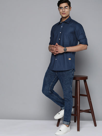 DENNISON Men Navy Blue Solid Pure Cotton Smart Slim Fit Casual Shirt