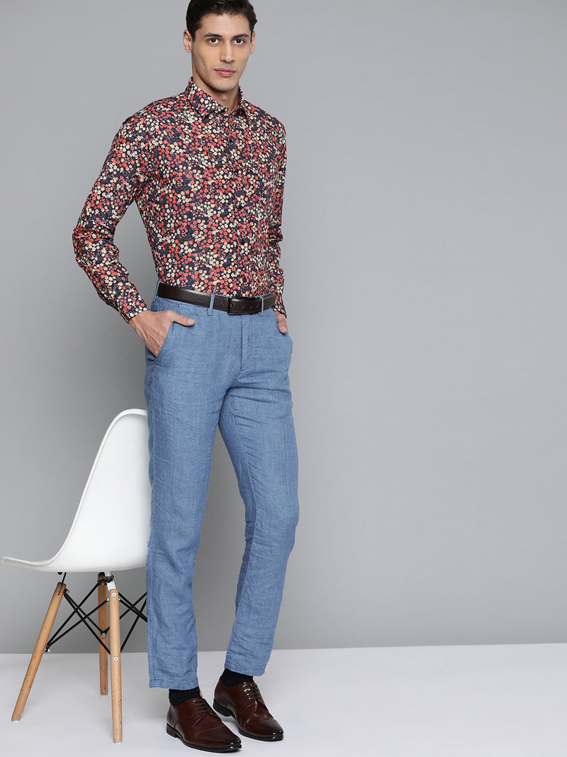 Men Navy Blue  Red Smart Slim Fit Floral Printed Formal Shirt