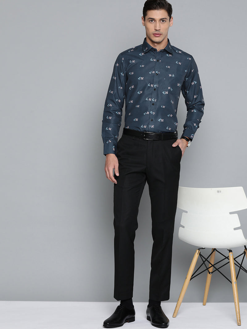 Men Navy Blue Smart Slim Fit Floral Printed Formal Shirt