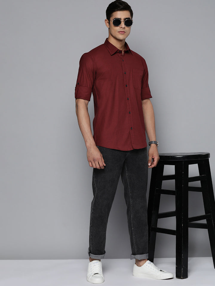 DENNISON Men Maroon Solid Pure Cotton Smart Slim Fit Casual Shirt