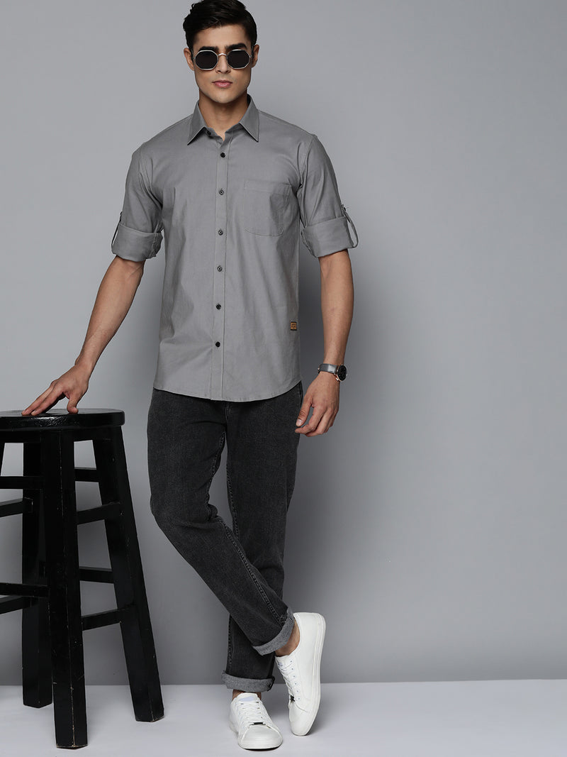 DENNISON Men Grey Solid Pure Cotton Smart Slim Fit Casual Shirt