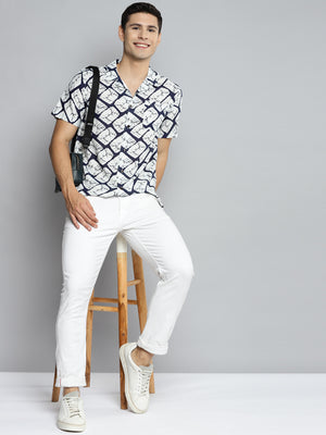 DENNISON Men Navy Blue Smart Printed Casual Shirt