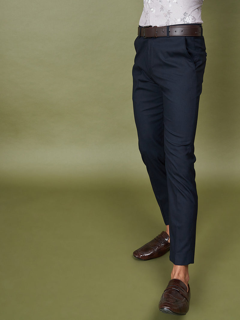 DENNISON Men Smart Tapered Fit Easy Wash Formal Blue Trousers