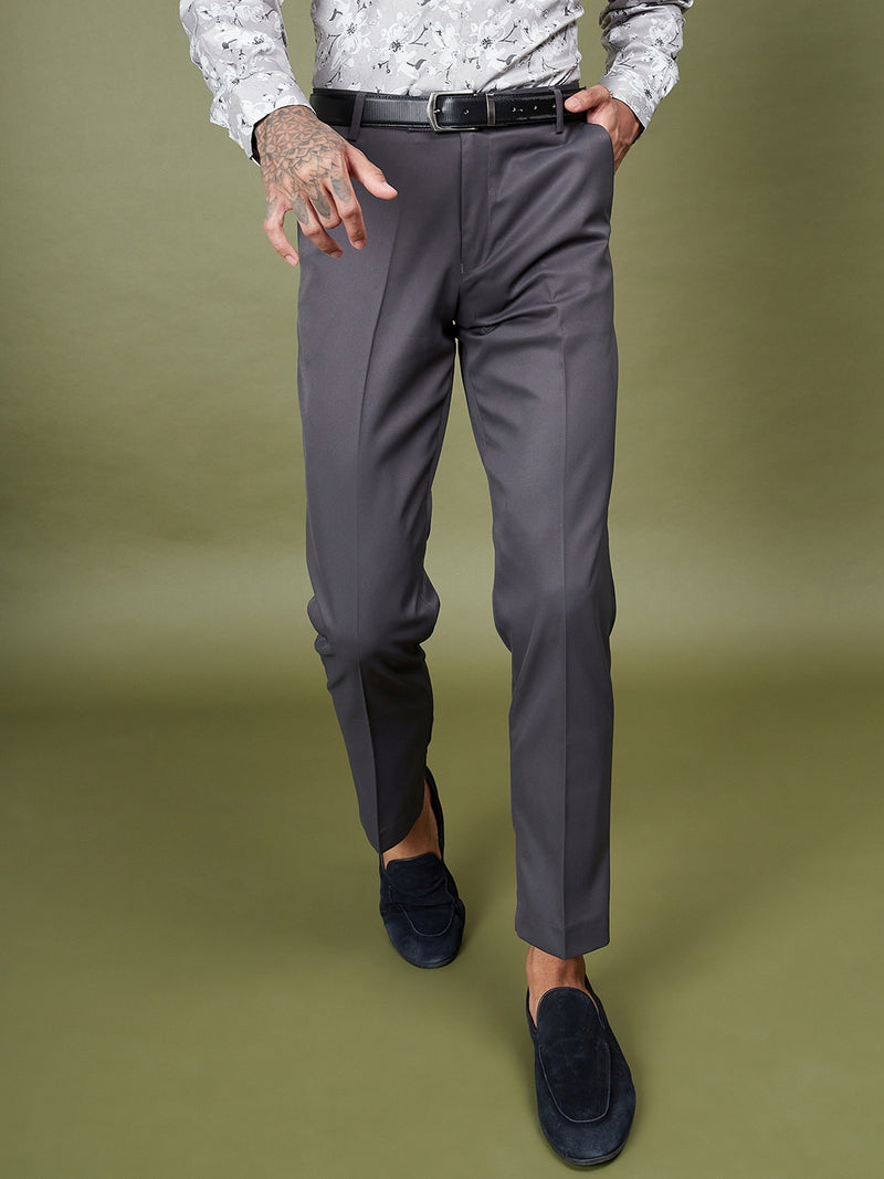 DENNISON Charcoal Men Flat-Front Mid-Rise Regular Trousers