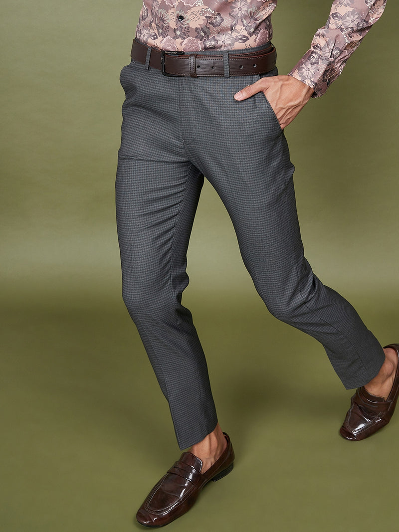DENNISON Men Checked Smart Tapered Fit Easy Wash Formal Grey Trousers