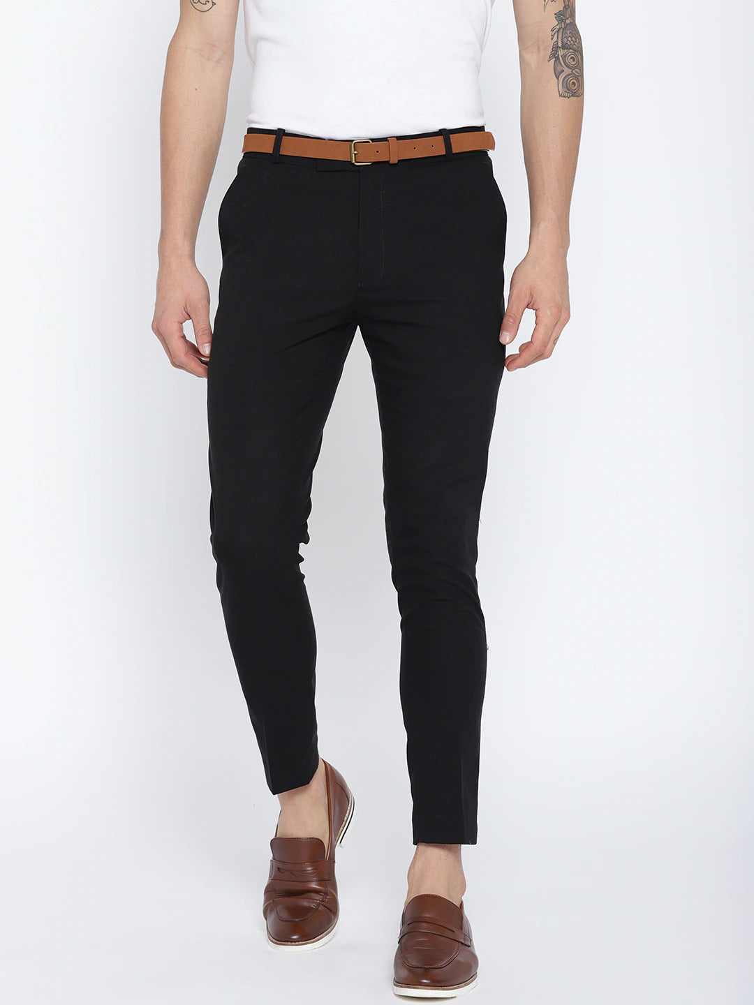 Men Black Comfort Tapered Fit Cropped Trousers