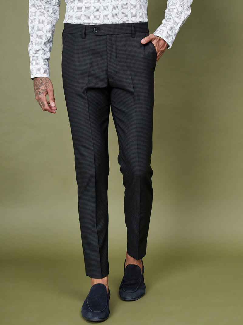 DENNISON Men Checked Smart Tapered Fit Easy Wash Formal Black Trousers