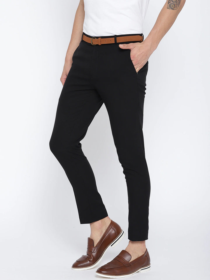 Men Black Comfort Tapered Fit Cropped Trousers