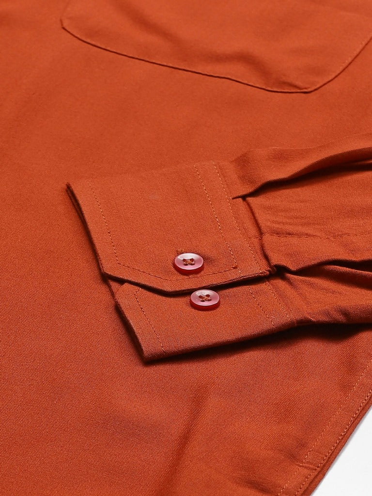 Men Rust Orange Smart Slim Fit Solid Wrinkle Free Formal Shirt