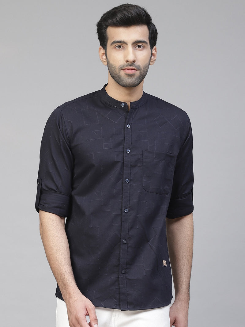 Men Navy Blue Twill Weave Smart Slim Fit Self Design Casual Shirt