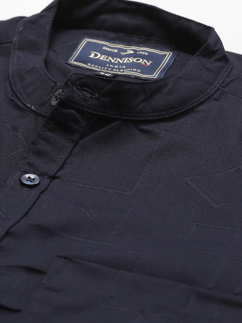 Men Navy Blue Twill Weave Smart Slim Fit Self Design Casual Shirt