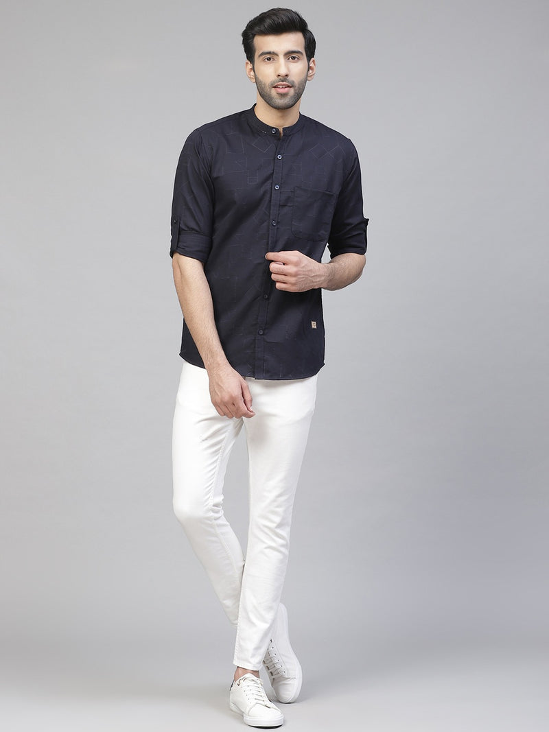 Men Navy Blue Twill Weave Smart Slim Fit Self Design Casual Shirt
