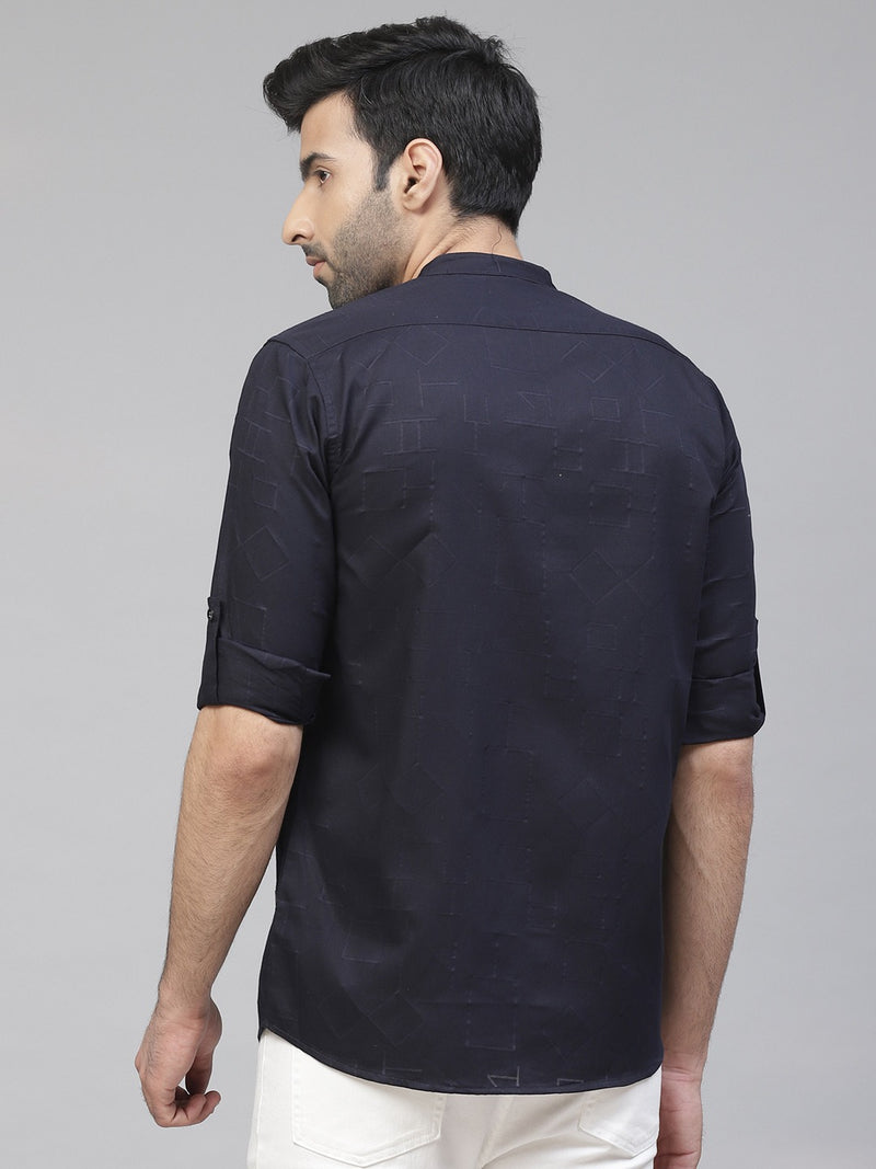 Men Navy Blue Twill Weave Smart Slim Fit Self Design Casual Shirt