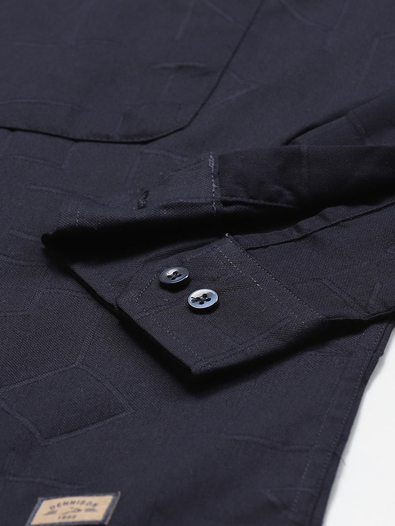 Men Navy Blue Twill Weave Smart Slim Fit Self Design Casual Shirt