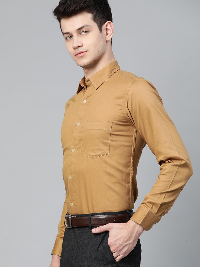 Mustard Brown: Smart Slim Fit Solid Twill Formal Shirt