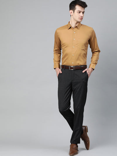 Mustard Brown: Smart Slim Fit Solid Twill Formal Shirt