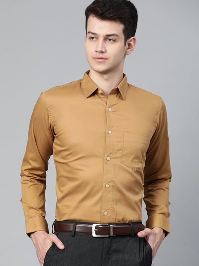 Mustard Brown: Smart Slim Fit Solid Twill Formal Shirt