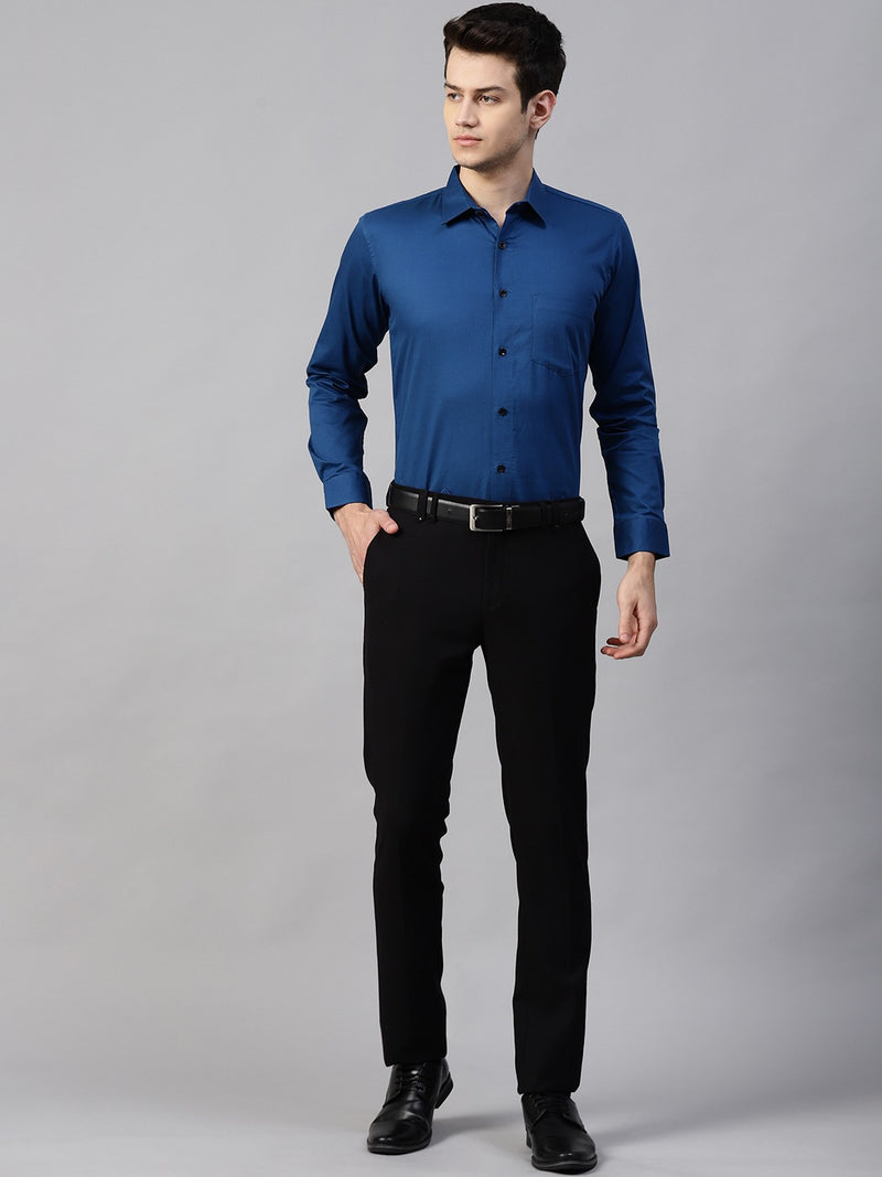 Men Teal Blue Smart Slim Fit Solid Twill Weave Formal Shirt