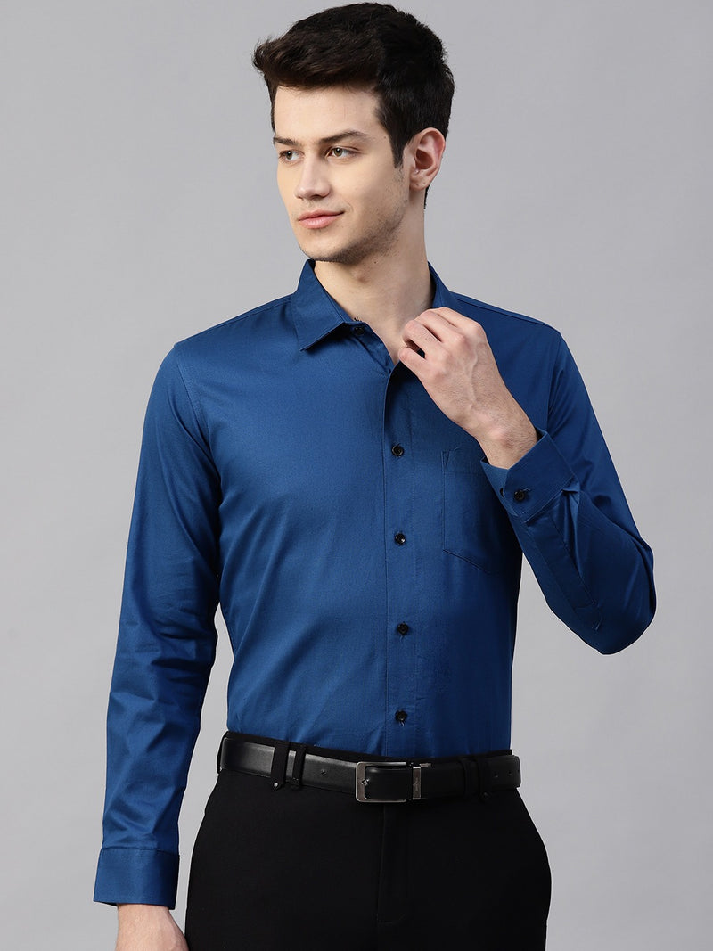 Men Teal Blue Smart Slim Fit Solid Twill Weave Formal Shirt