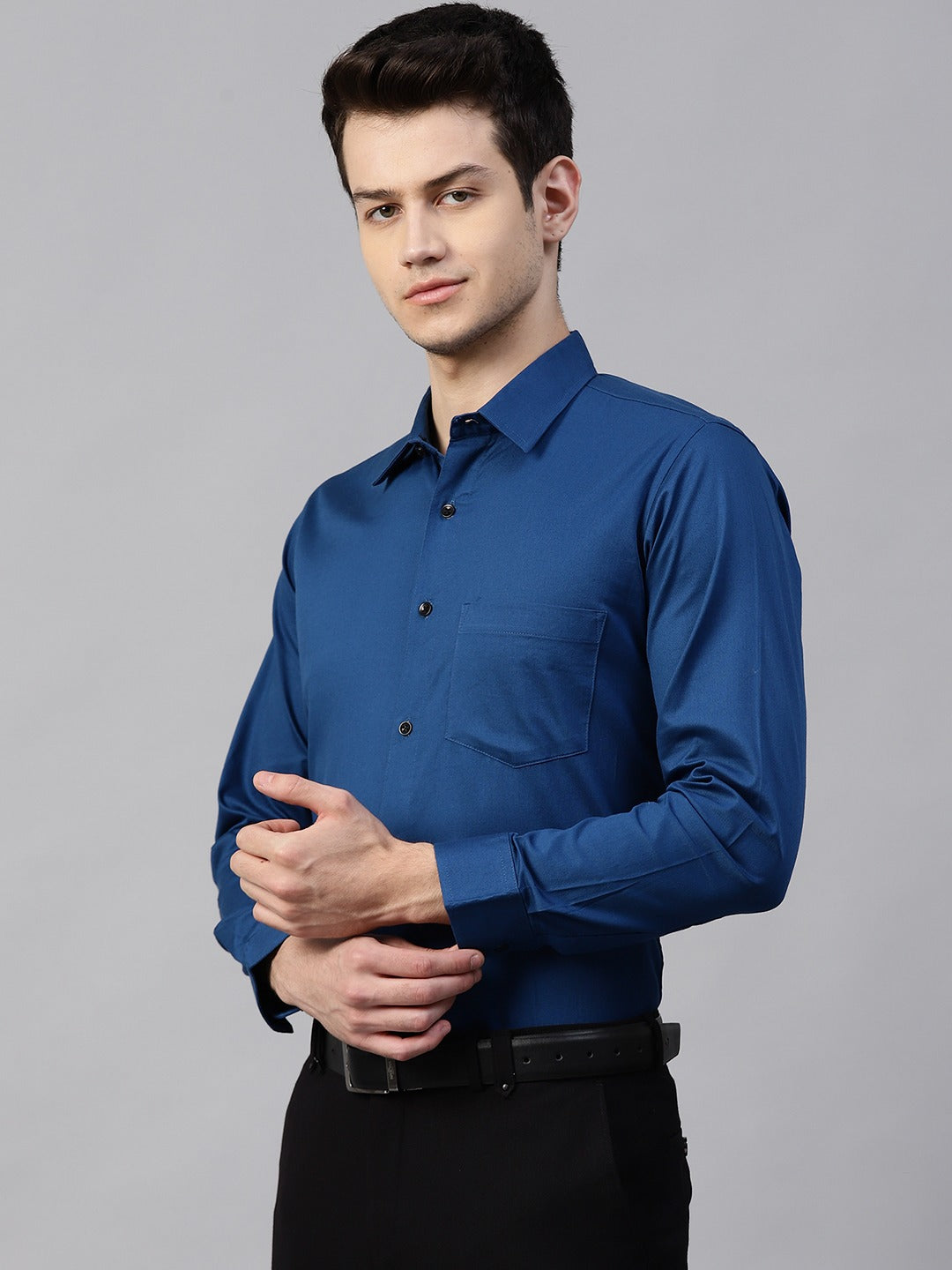 Men Teal Blue Smart Slim Fit Solid Twill Weave Formal Shirt