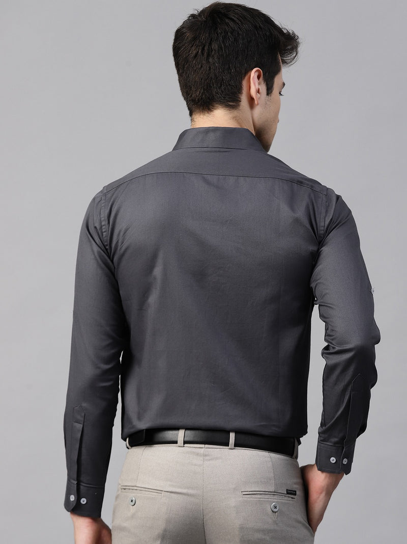Men Charcoal Grey Twill Weave Smart Slim Fit Solid Formal Shirt
