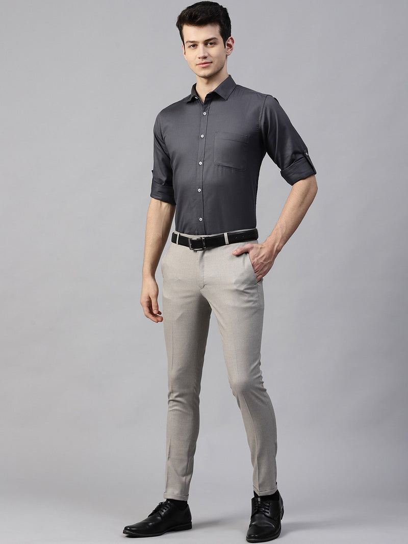Men Charcoal Grey Twill Weave Smart Slim Fit Solid Formal Shirt