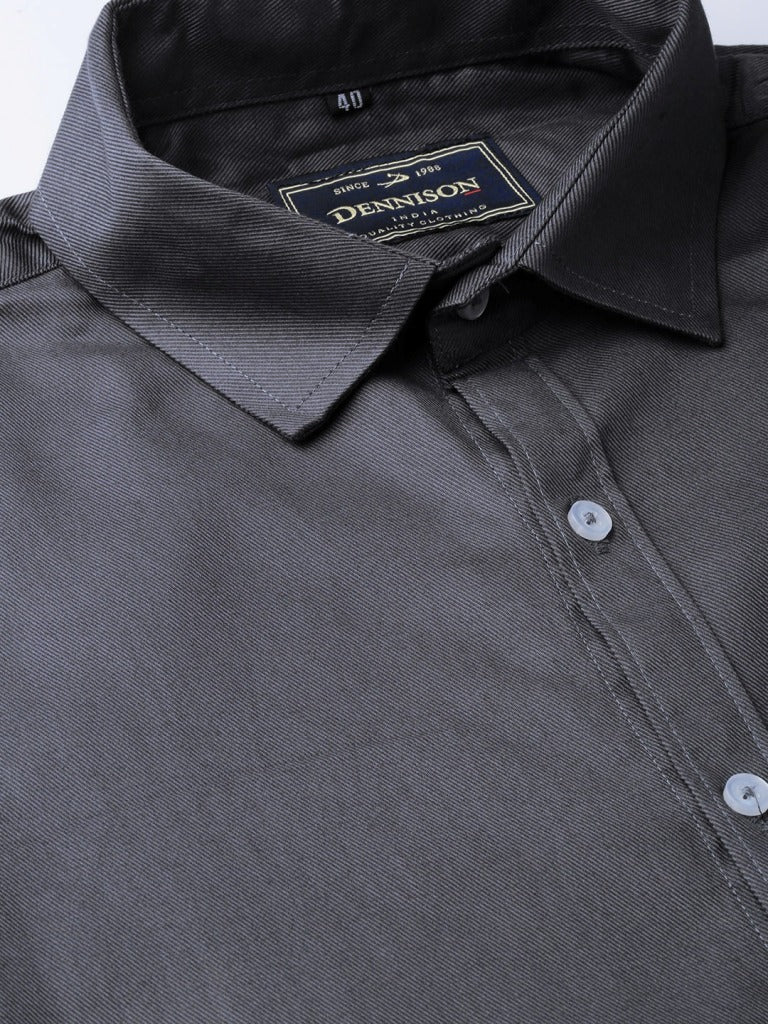 Men Charcoal Grey Twill Weave Smart Slim Fit Solid Formal Shirt