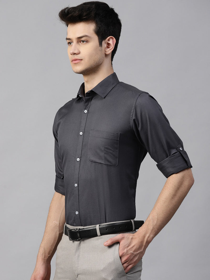 Men Charcoal Grey Twill Weave Smart Slim Fit Solid Formal Shirt