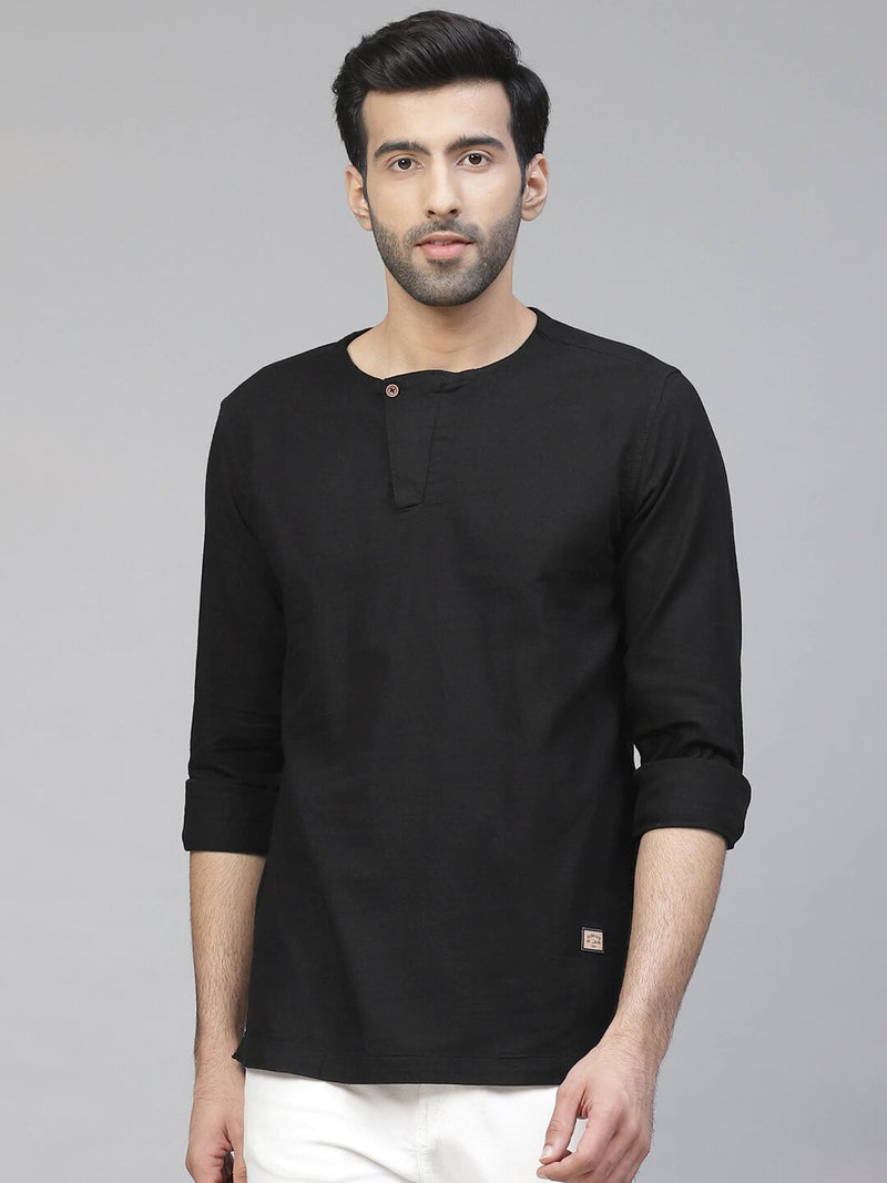 Men Black Cotton Linen Kurta