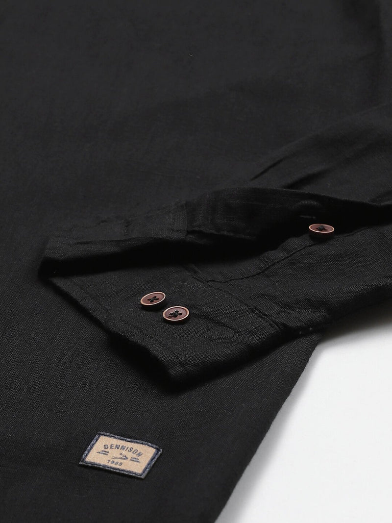 Men Black Cotton Linen Kurta