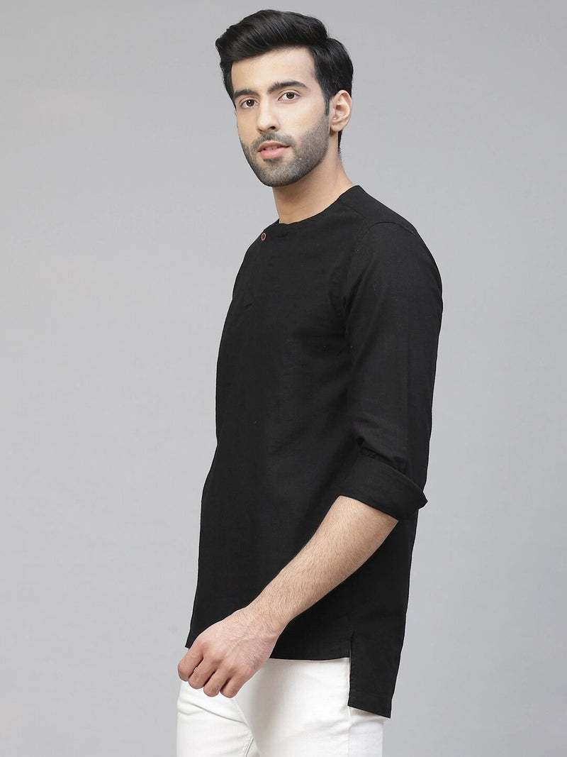 Men Black Cotton Linen Kurta